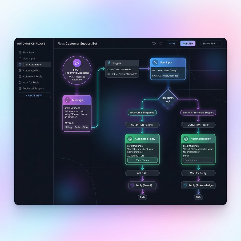 Visual Drag and Drop Chat Flow Builder Interface — Infosoftbd Solutions